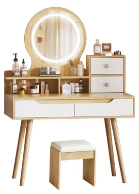 Produktbild von MODFU Kosmetiktisch mit LED-Spiegel und Polsterhocker, großer Schminktisch,Schminkkommode mit 2 Schubladen,Frisiertisch,Schminkspiegel, Holzoptik
