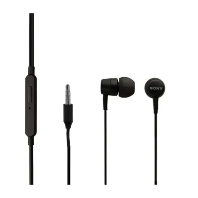 A product shot of black Sony earphones and their 3.5mm jack.