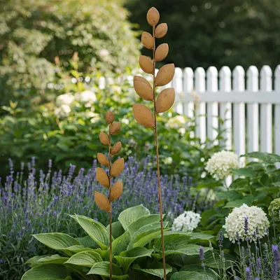 Produktbild von 2x Gartenstecker "Blätter" aus Metall mit Echt Rost Finish, 67 + 105 cm hoch, Dekostecker, Roststecker, Outdoor Gartendeko für Draußen
