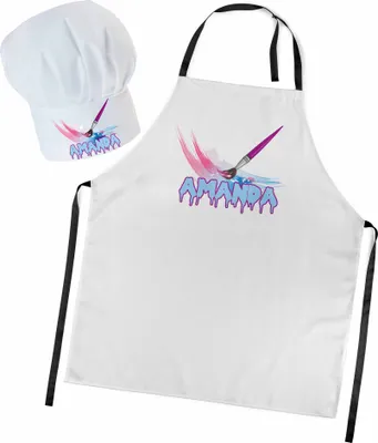 Produktbild von Personalisierte Kochmütze + Kochschürze Set 2tlg. Für Kinder, Jungen und Mädchen, Weiß, Schürze mit Ihrem Namen, Pinsel [099]