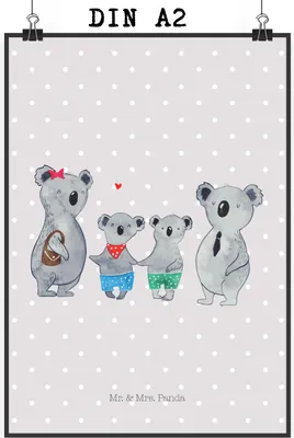 Produktbild von Mr. & Mrs. Panda Bild Koala Familie zwei DIN A2 - Grau Pastell - Geschenk, Koalabär, Plakat, Kunstdruck, Muttertag, drucke, Wandbild, wanddeko, Zusammen