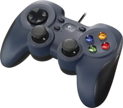 A dark gray Logitech F310 gamepad is shown from a slightly elevated, diagonal angle against a white background.