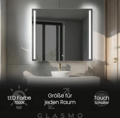 Produktbild von Wandspiegel mit Beleuchtung 100x100 cm Claire - Quadratisch Rechteckiger Badspiegel mit LED Beleuchtung - Kaltweiß 7000K - Badezimmerspiegel Lichtspiegel mit Touch Schalter