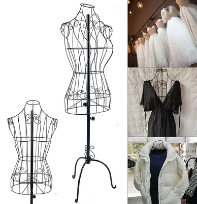 A collage of images featuring dress forms and clothing.