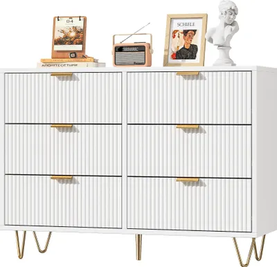 Produktbild von ProximaX Kommode mit 6 Schubladen, Weiß, Modernes Design mit Goldgriffen, Sideboard Aufbewahrungsschrank für Schlafzimmer & Wohnzimmer