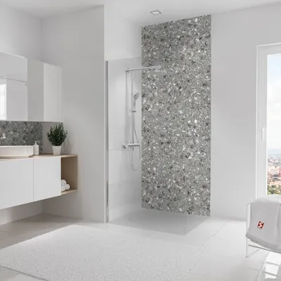 Produktbild von Schulte Duschrückwand Softtouch, 100x255 cm, Wandverkleidung Terrazzo-Grau, Aluminiumverbundplatte, fugenloser Fliesenersatz, EP19010254-854