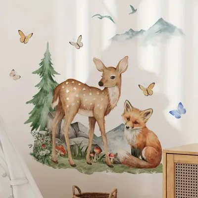 Produktbild von Waldszene Wandsticker mit Fuchs und Hirsch, Abnehmbarer Aufkleber für Schlafzimmer