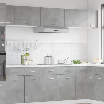 A modern kitchen with gray cabinets and appliances.