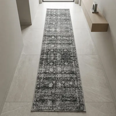 Obrázek produktu pro Šedá koberec s květinovým vzorem, vhodný do různých obytných prostor. Rozměry: 80 x 150 cm