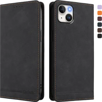 Produktbild von Hülle für iPhone 15 Plus, Retro Kunstleder Ständer Klapphülle mit Kartenfächer und Magnetische Schwarz