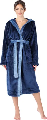 Image de Peignoir long pour femme Bellivalini avec capuche et ceinture BLV50-168 (bleu foncé / bleu, XL)