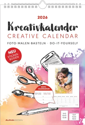 Produktbild von Alpha Edition - Kreativ-Kalender A4 Notiz 2026 - Bastelkalender (21×29,7 cm) mit Platz für Fotos & Notizen, weißer Hintergrund, ideal zum Malen & Basteln inkl. gestaltbarem Titelblatt