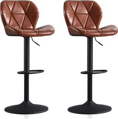 Two brown leather bar stools with black metal bases are shown against a white background.