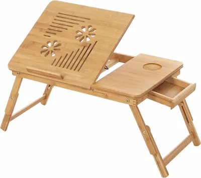 Zdjęcie produktu dla Bambusowy stolik na laptopa Songmics, wentylacja, szuflada, szerokość 61 cm