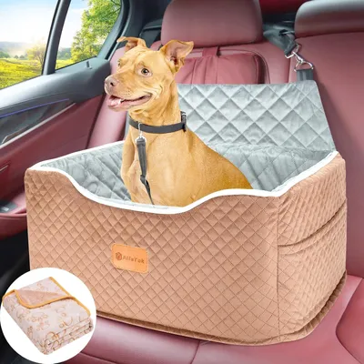 Produktbild von Hundeautositz aus Memory-Schaum, Booster für mittelgroße Hunde bis 20,4 kg, abnehmbares und waschbares Reisebett mit rutschfester Unterseite und Sicherheitsgurt