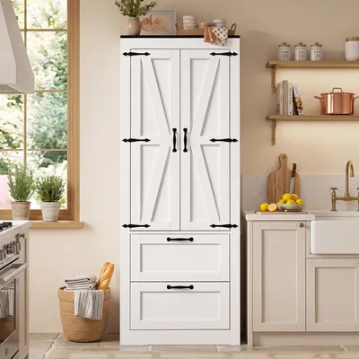 Imagen del producto de Armario alto de cocina blanco de 60x30x168 cm, estilo rústico, con 2 puertas, 2 cajones y estantes interiores ajustables