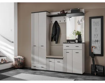 Image de Ensemble meuble d'entrée Hugo VII avec miroir, armoire et coussin d'assise - Bois MDF cachemire et noir - 180 x 203 x 32 cm