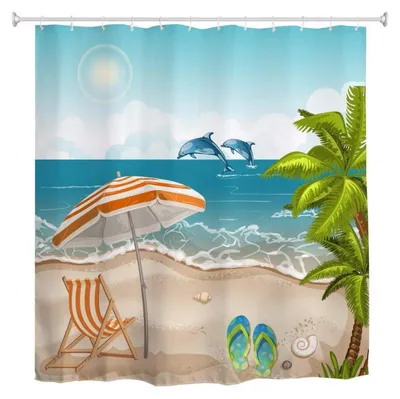 Immagine prodotto di Tenda da doccia impermeabile in poliestere con ganci, motivo spiaggia, 180x200 cm