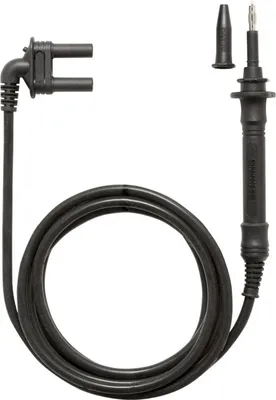 A black electrical test lead with two different connectors.