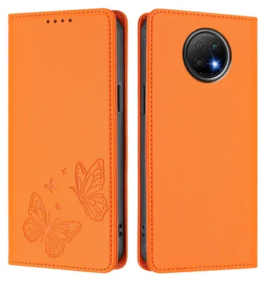 Obrázek produktu pro Kožené pouzdro pro Xiaomi Redmi Note 9T, motýlí ražbou, peněženkové flip pouzdro se stojánkem Oranžová