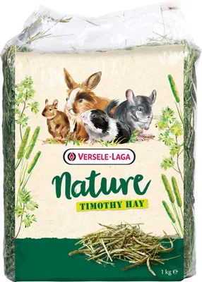 A bag of timothy hay for small animals, featuring illustrations of various pets.