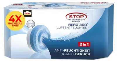 Produktbild von Pattex AERO 360° Neutral Tabs Nachfüllpack (4er-Pack), reduzieren Feuchtigkeit und schlechte Gerüche, Nachfülltabs für den Luftentfeuchter AERO 360°