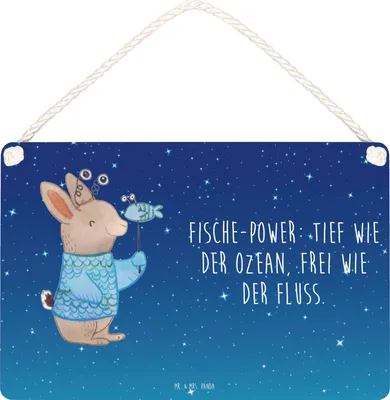 Produktbild von Mr. & Mrs. Panda Schild Fische Astrologie DIN A6 - Sternenhimmel Blau - Geschenk, wandtafel, Geschenkidee Zum Geburtstag, Wandbild Holz, Fischer, Sternzeichen, Türschild