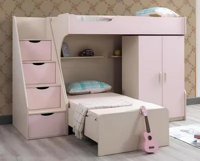 Image de Ensemble moderne pour chambre d'enfant Lit d'enfant Table de chevet Bureau Armoire Ros