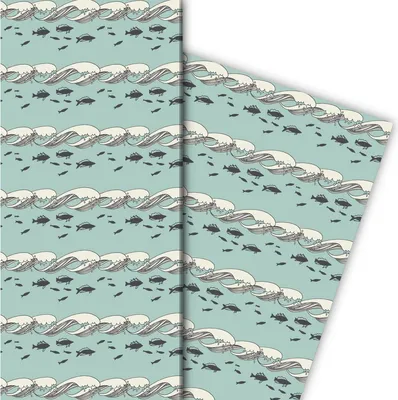 Produktbild von Nautisches Geschenkpapier mit Meeres Wellen und Fischen, hellblau - G8157, 32 x 48cm