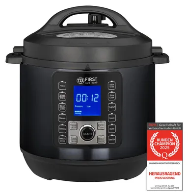 Produktbild von TZS First Austria Multikocher 6L, Schnellkochtopf elektrisch 1000W, 12 Programme, Timer, Edelstahl, Warmhaltefunktion, Dampfgarer, Reiskocher Grau-Schwarz