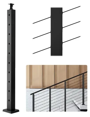 Productafbeelding van VEVOR Kabelhekpalen, 914x50,8x50,8 mm, hekpalen met 30° voorgeboorde gaten, roestvrij staal SUS304, gebogen bevestiging, voor leuning, balustrades, zwart, 1JZLGZXHS914YIVIS001V0