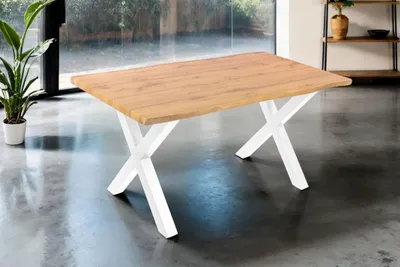 Produktbild von Esstisch Josy | 160 x 85 cm | Holz Wildeiche-Optik | X-Gestell Metall weiß | 40 mm Tischplatte mit Baumkante | Tisch für Esszimmer & Küche