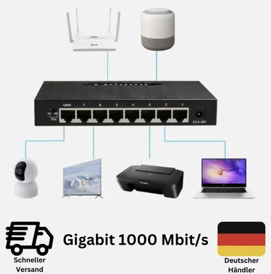 Produktbild von 8 Port Netzwerk LAN Verteiler Switch Gigabit 1000Mbs Netzwerkgerät RJ45 Ethernet