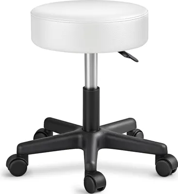 A white rolling stool with a black base and wheels, shown against a white background.