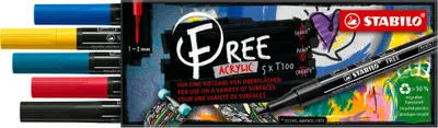 Produktbild von Acrylmarker - STABILO FREE Acrylic - T100 Rundspitze 1-2mm - Royal - 5er Pack - mit 5 verschiedenen Farben