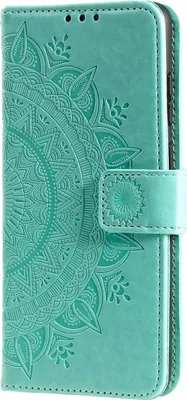 A teal flip case cover for a phone with a mandala design embossed on it.
