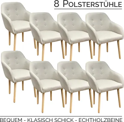 8 Stühle mit umlaufender Armlehne, Holzbeine und beigefarbenen Stoff auf Rückenlehne, Sitzpolster und Armlehne