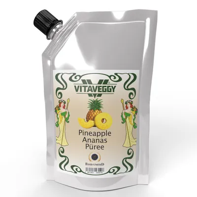 Produktbild von VITAVEGGY Früchte-Püree ANANAS 1kg ohne Aroma- Farb- & Konservierungsmittel von Food-United, Ananaspüree geeignet für Obstbrei & Obsmus oder als Ananassaft Ananas-Smoothie Ananas-Sorbet Cocktails Kuchen Desserts, GVO-Frei Glutenfrei & 100% natürlich