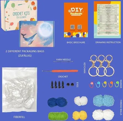 Image de Kit de tricot pour débutants, motifs animaliers, crochet et tricot, kit de tricot avec crochet, tricot créatif, kit de loisirs créatifs pour adultes et enfants, cadeau (bleu-vert)