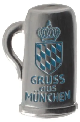 Bierkrug Abzeichen Spruch "Gruß aus München" von Hut-Breiter in grau