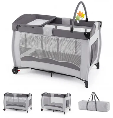 Produktbild von COSTWAY 4 in 1 Babybett mit Matratze & Rollen, Reisebett mit Wickeltisch, Babywiege, Laufstall, Kinderreisebett für Neugeborene 0-24 Monate, Grau