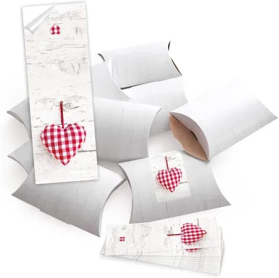 Produktbild von 25 kleine Geschenkschachteln Geschenk-Boxen Kartons, weiß 14,5 x 10,5 + 3 cm mit Aufkleber Banderole ROT WEISS KARIERTES HERZ- selber basteln und befüllen - als Verpackung