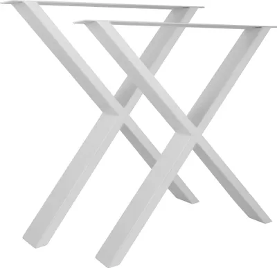 Two white X-shaped table legs are shown against a white background.