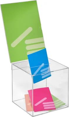 Produktbild von Losbox aus Acrylglas in 200x200x200mm mit Topschild DIN A4 Hoch - Zeigis® / Spendenbox / Aktionsbox / Gewinnspielbox / transparent / durchsichtig / Acryl