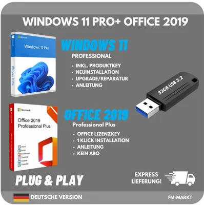 Produktbild von Windows 11 Professional + Microsoft Office 2019 Professional Plus | 32GB USB 3.2 Installationsstick | inkl. Lizenzschlüssel | Bundle Set