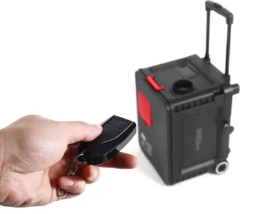 A hand holding a remote control is shown in the foreground, with a black diesel heater with a red accent and a pull-up handle in the background.