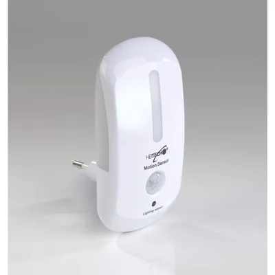 A white motion-activated LED night light with a motion sensor and light sensor, plugged into an outlet.