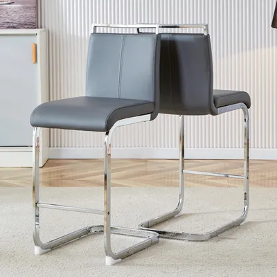 Zdjęcie produktu dla Zestaw 2 stołków barowych, styl skandynawski, ciemnoszara skóra PU, srebrne metalowe nogi, 96 cm