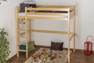 Produktbild von Kinderbett / Hochbett Kiefer massiv Vollholz natur 120 – Abmessung 90 x 200 cm