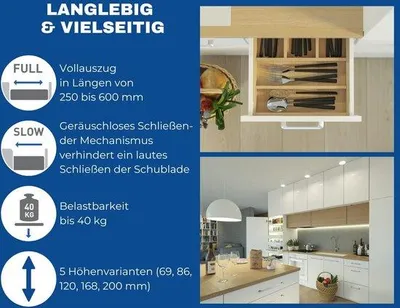 Produktbild von Famanu Ladesystem Axis Pro - vollständig ausziehbar mit Soft-Close, belastbar bis 40 kg, Höhe 168 mm, Breite 350 mm, weiß